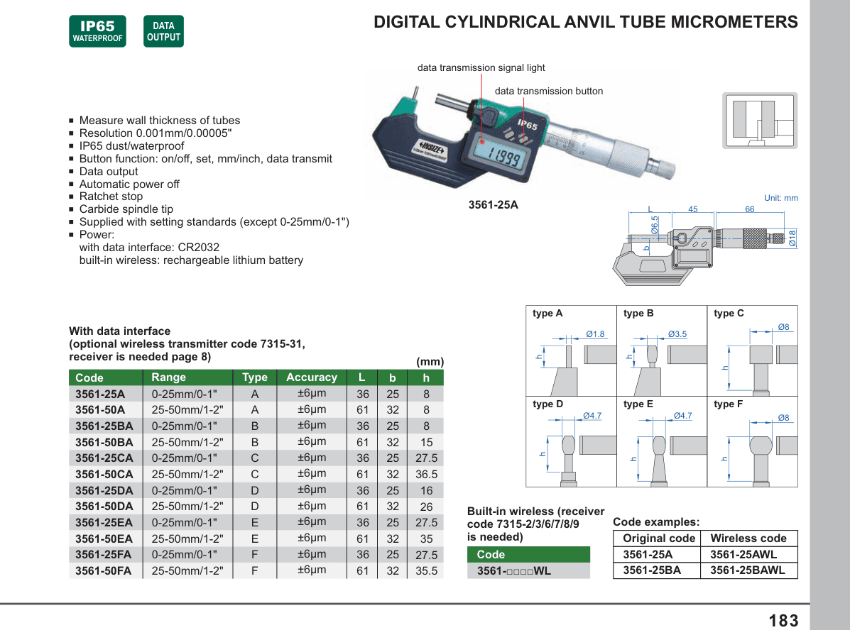 INSIZE Digital Cylindrical Anvil Tube Micrometers (3561-25A)