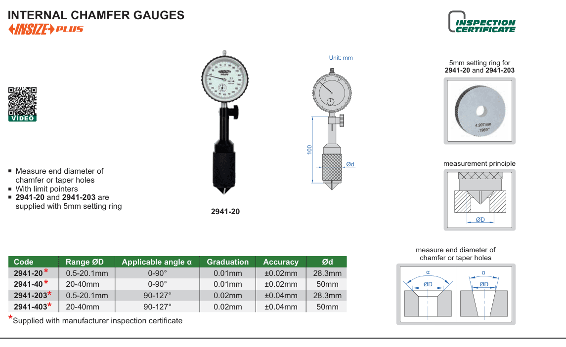 INSIZE Internal Chamfer Gauges (2941-20)