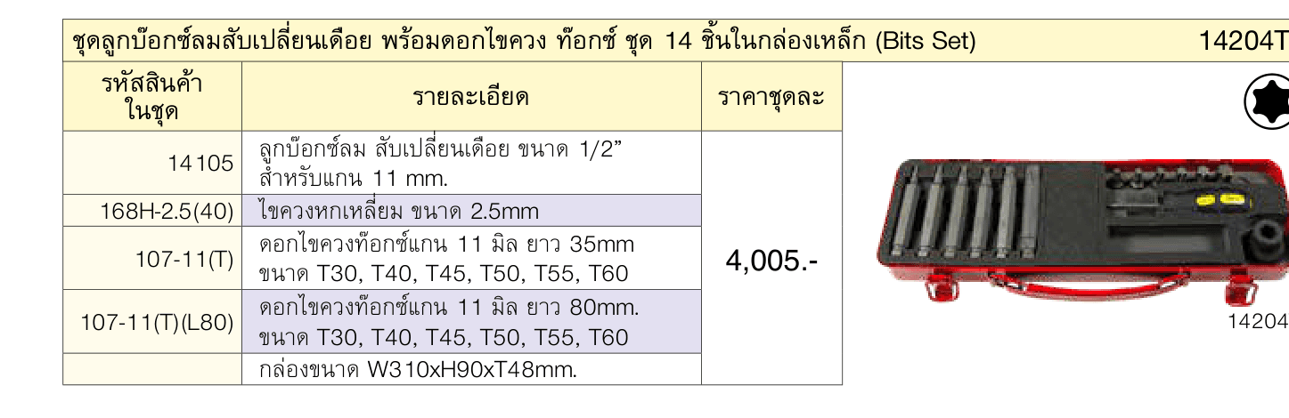 ชุดลูกบ๊อกซ์ลมสับเปลี่ยนเดือย พร้อมดอกไขควง ท๊อกซ์ ชุด 14 ชิ้นในกล่องเหล็ก (Bits Set)