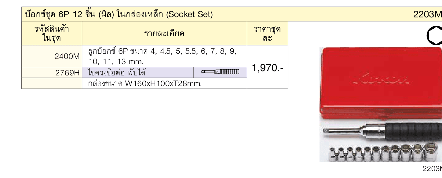 บ๊อกซ์ชุด 6P 12 ชิ้น (มิล) ในกล่องเหล็ก (Socket Set)