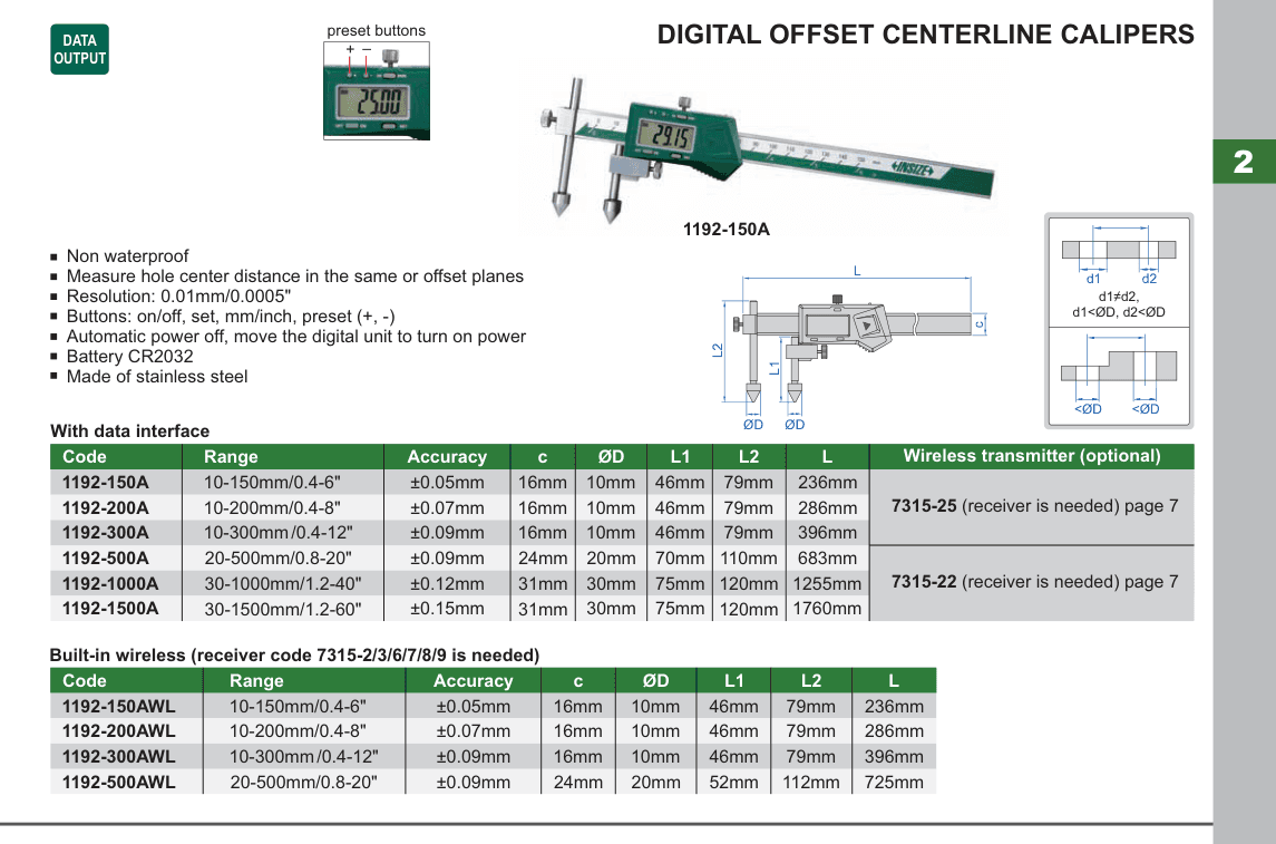 INSIZE Digital Offset Centerline Calipers (1192-150A)