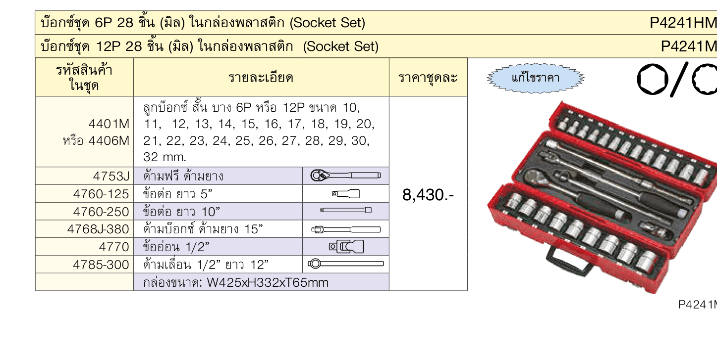 บ๊อกซ์ชุด 6P 28 ชิ้น (มิล) ในกล่องพลาสติก (Socket Set)