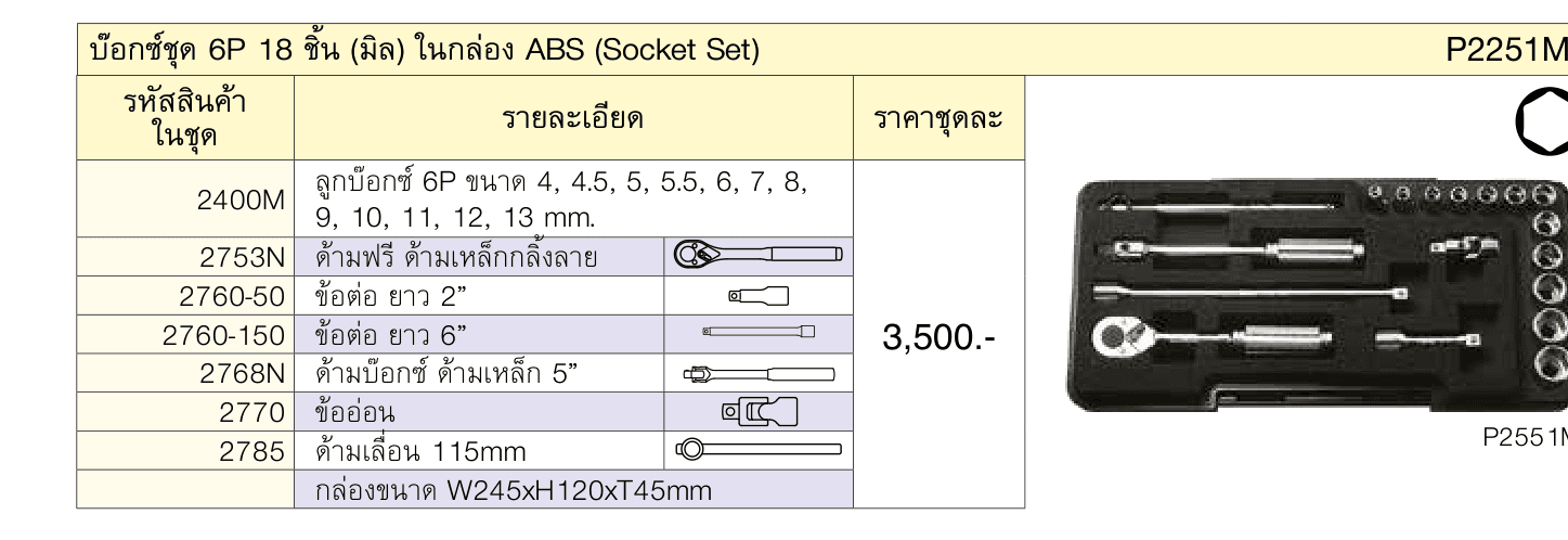 บ๊อกซ์ชุด 6P 18 ชิ้น (มิล) ในกล่อง ABS (Socket Set)