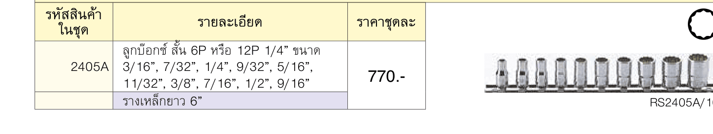 ลูกบ๊อกซ์ สั้น 12P (นิ้ว) ขนาด 1/4” ชุด 10 ชิ้น ในรางเหล็ก (Socket Set on Rail)