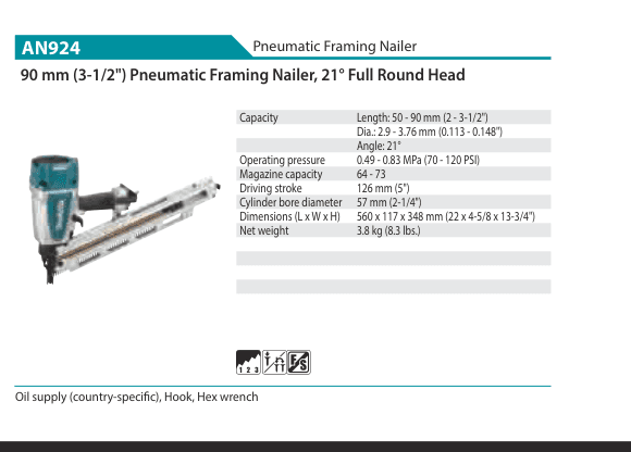 เครื่องยิงตะปูลมโครงสร้าง Makita AN924