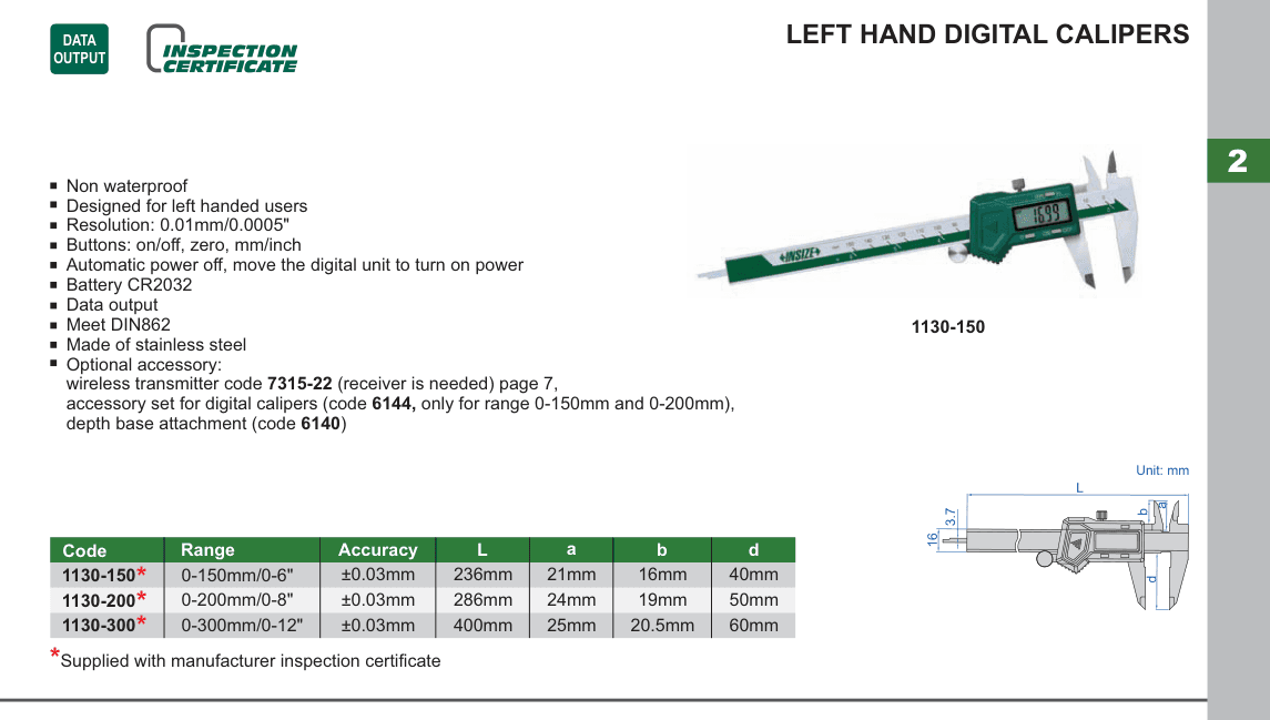 INSIZE Left Hand Digital Calipers (1130-150)