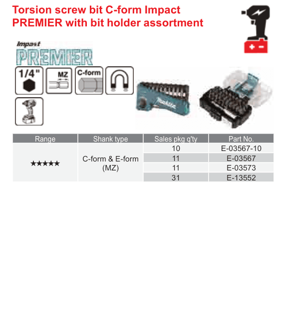 อุปกรณ์เสริม Makita — Torsion screw bit C-form Impact PREMIER with bit holder assortment