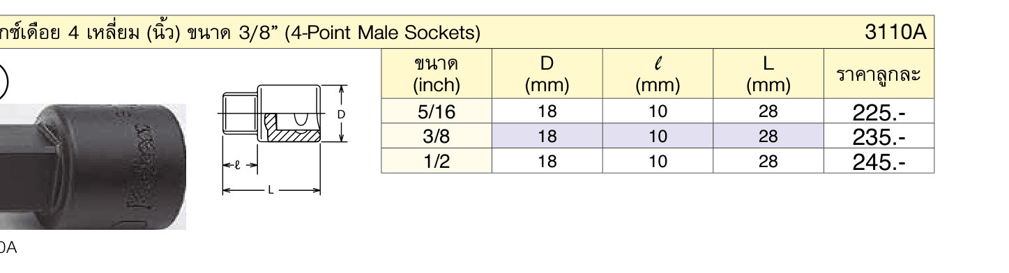 บ๊อกซ์เดือย 4 เหลี่ยม (นิ้ว) ขนาด 3/8” (4-Point Male Sockets)