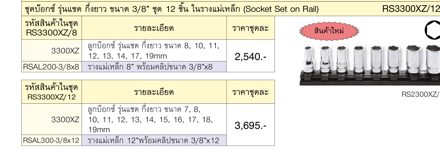ชุดบ๊อกซ์ รุ่นแชด กึ่งยาว ขนาด 3/8” ชุด 12 ชิ้น ในรางแม่เหล็ก (Socket Set on Rail)