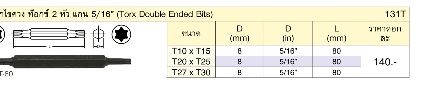 ดอกไขควง ท๊อกซ์ 2 หัว แกน 5/16” (Torx Double Ended Bits)