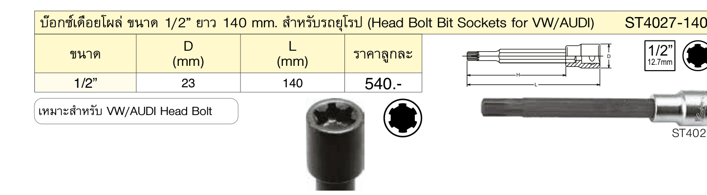 บ๊อกซ์เดือยโผล่ ขนาด 1/2” ยาว 140 mm. สำ�หรับรถยุโรป (Head Bolt Bit Sockets for VW/AUDI)
