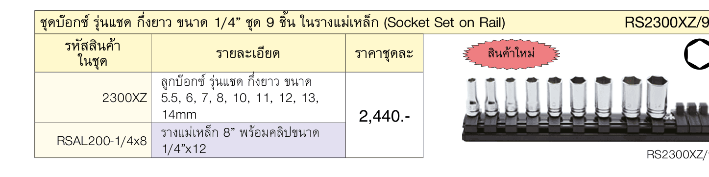 ชุดบ๊อกซ์ รุ่นแชด กึ่งยาว ขนาด 1/4” ชุด 9 ชิ้น ในรางแม่เหล็ก (Socket Set on Rail)