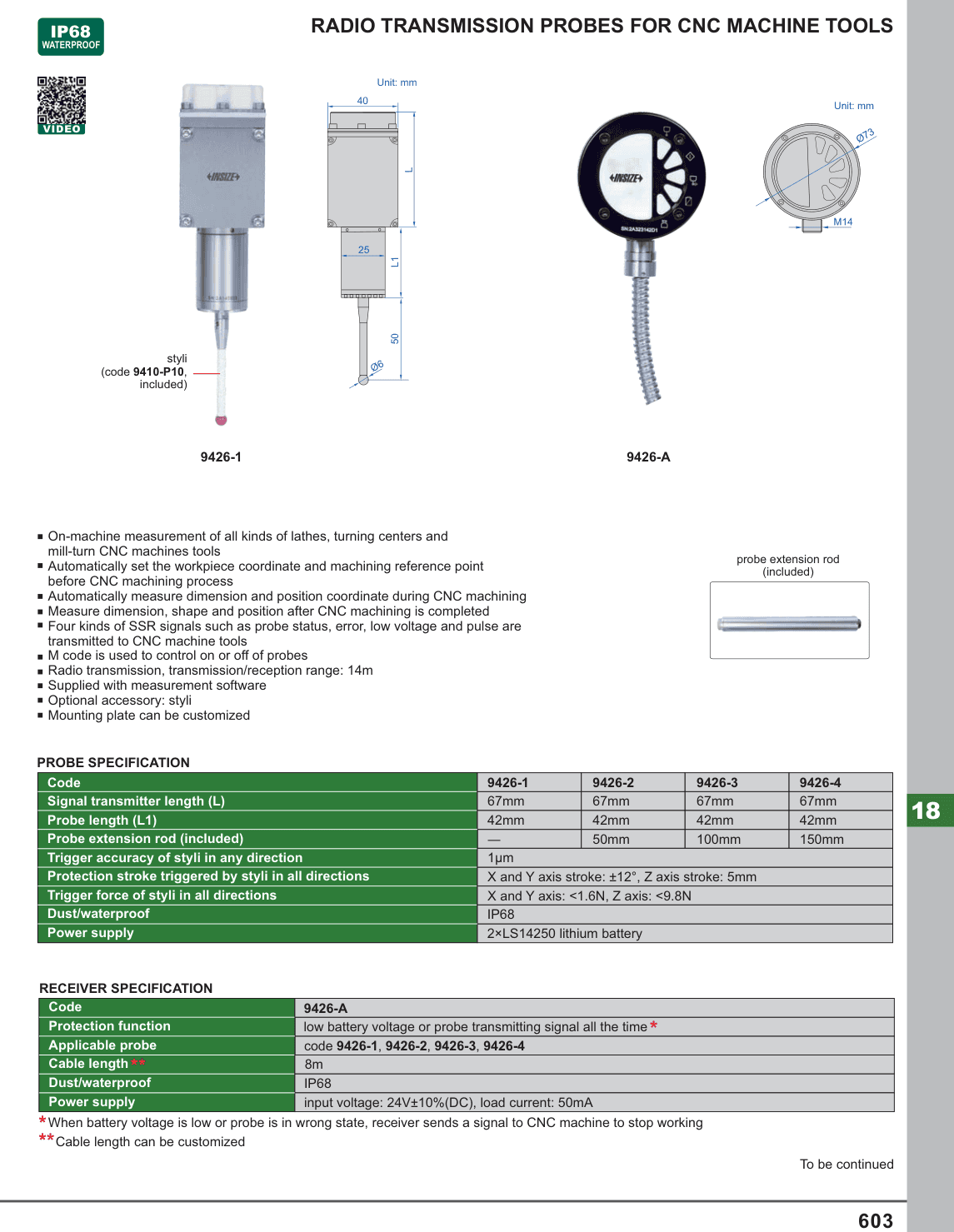 INSIZE Radio Transmission Probes For Cnc Machine Tools (9426-1)